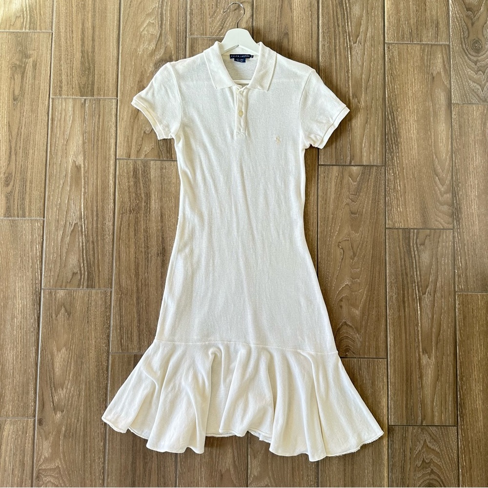 Ralph Lauren Cream Linen Cotton Polo Midi Dress Flounce Hem Quiet Luxury Classic